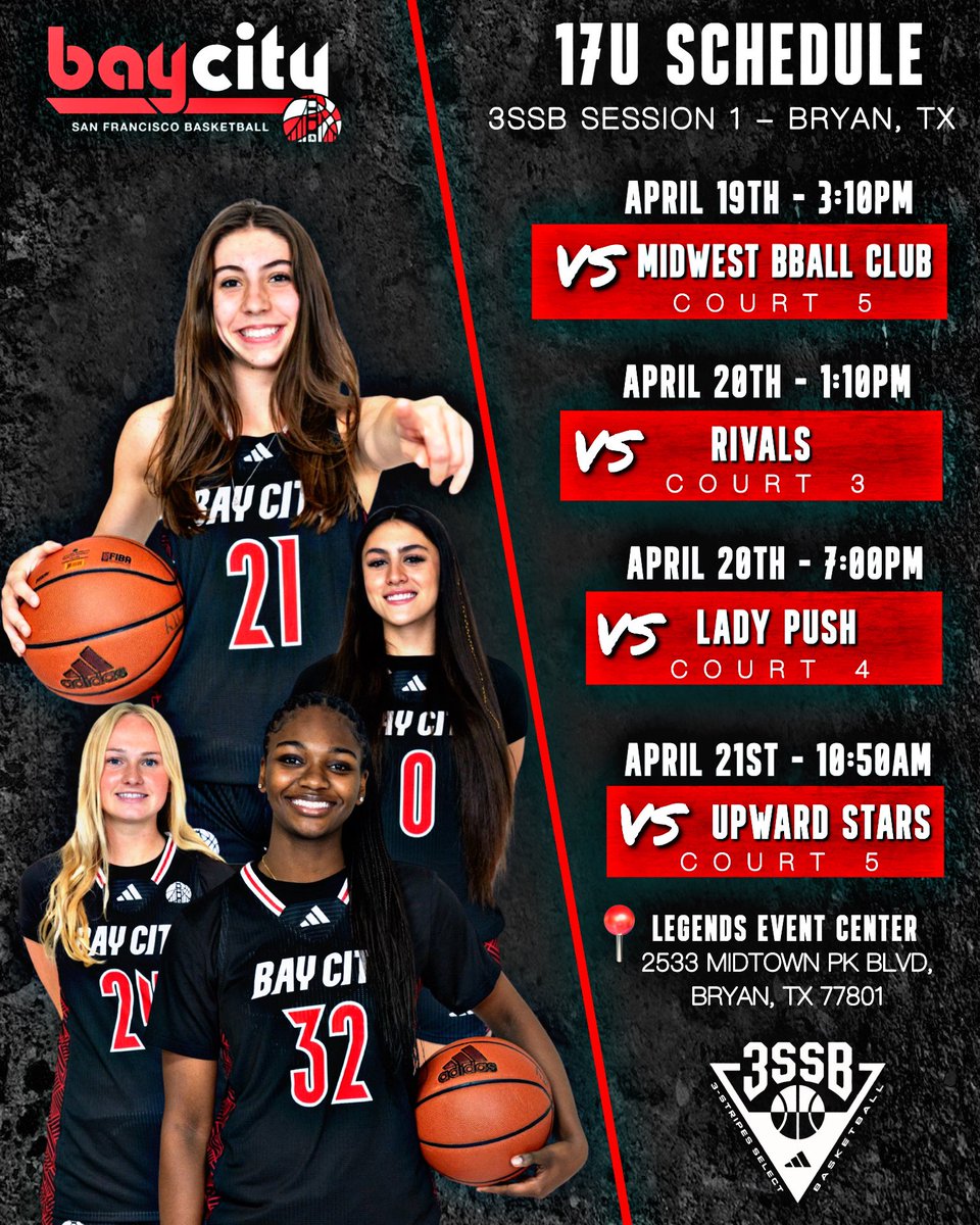 Bay City Girls’ Basketball (@baycitygirlsbb) on Twitter photo 🚨 Coaches!
Here are our 16u & 17u schedules for <a href="/3SSBGCircuit/">3Stripes Select Basketball Girls Circuit</a> in Bryan, TX on April 19-21! See you there!
Let’s go! #repthecity #3SSB 🚨 Coaches!
Here are our 16u & 17u schedules for <a href="/3SSBGCircuit/">3Stripes Select Basketball Girls Circuit</a> in Bryan, TX on April 19-21! See you there!
Let’s go! #repthecity #3SSB