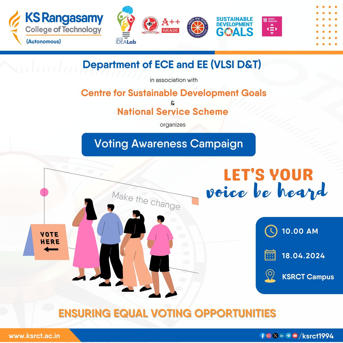 Department of ECE & EE (VLSI D&T) #ksrct1994 in association with Centre for sustainable development goals #SDG and #NSS joinly organizes 'Voting #AwarenessCampaign - Ensuring Equal Voting opportunities' to address the #equalrights among  #voters on April 18, 2024