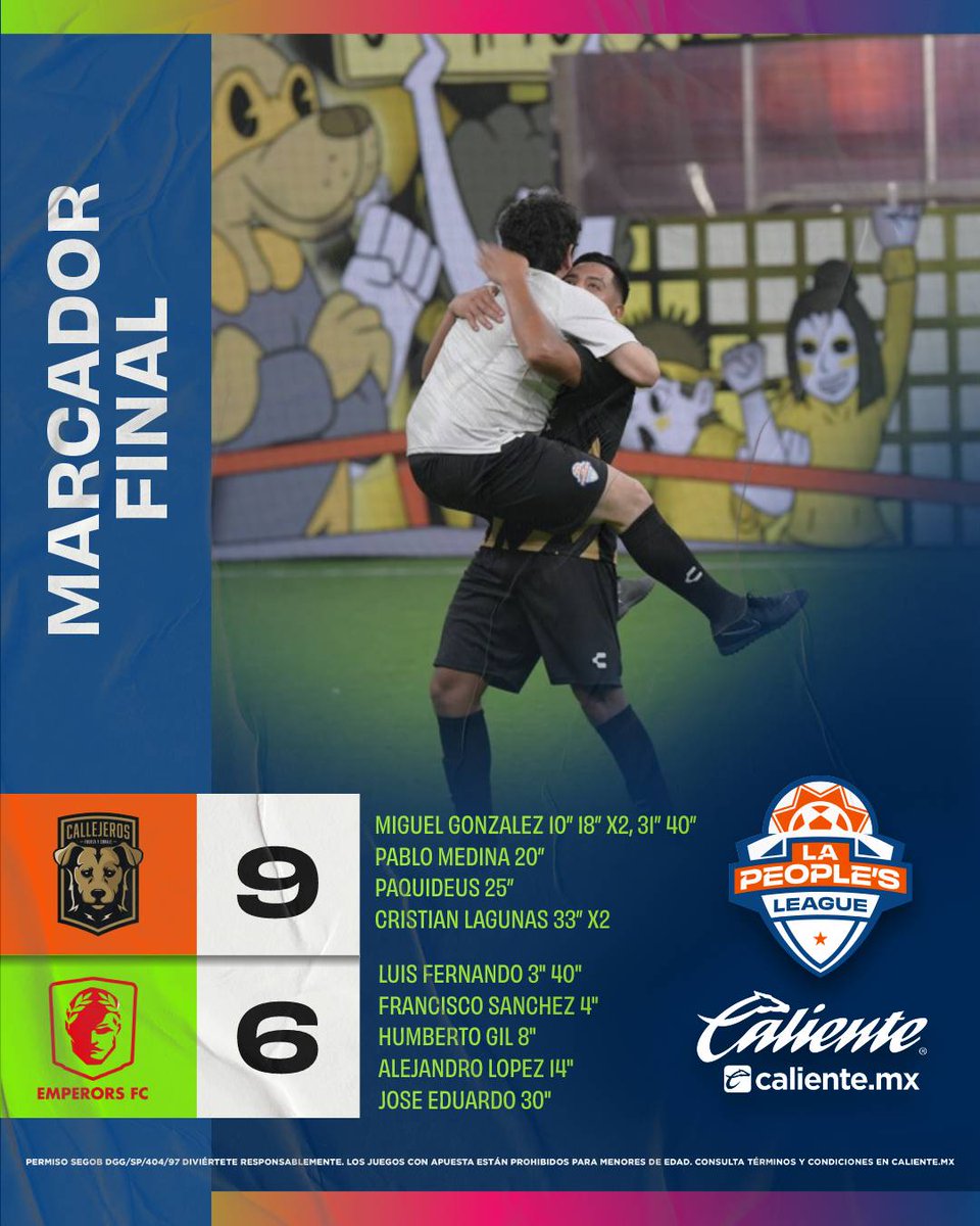 LaPeoplesLeague's tweet photo. ¡Triunfo para #CallejerosFC! 💪
Ganaron los que apostaron al equipo de Paquideus y Mafershof en el duelo del descenso contra #EmperorsFC
#FinalesLPL
https://t.co/dZFv1HIGCB #MásAcciónMásDiversión #JugamosPorMás @calientesports https://t.co/N4V9nGFjMg