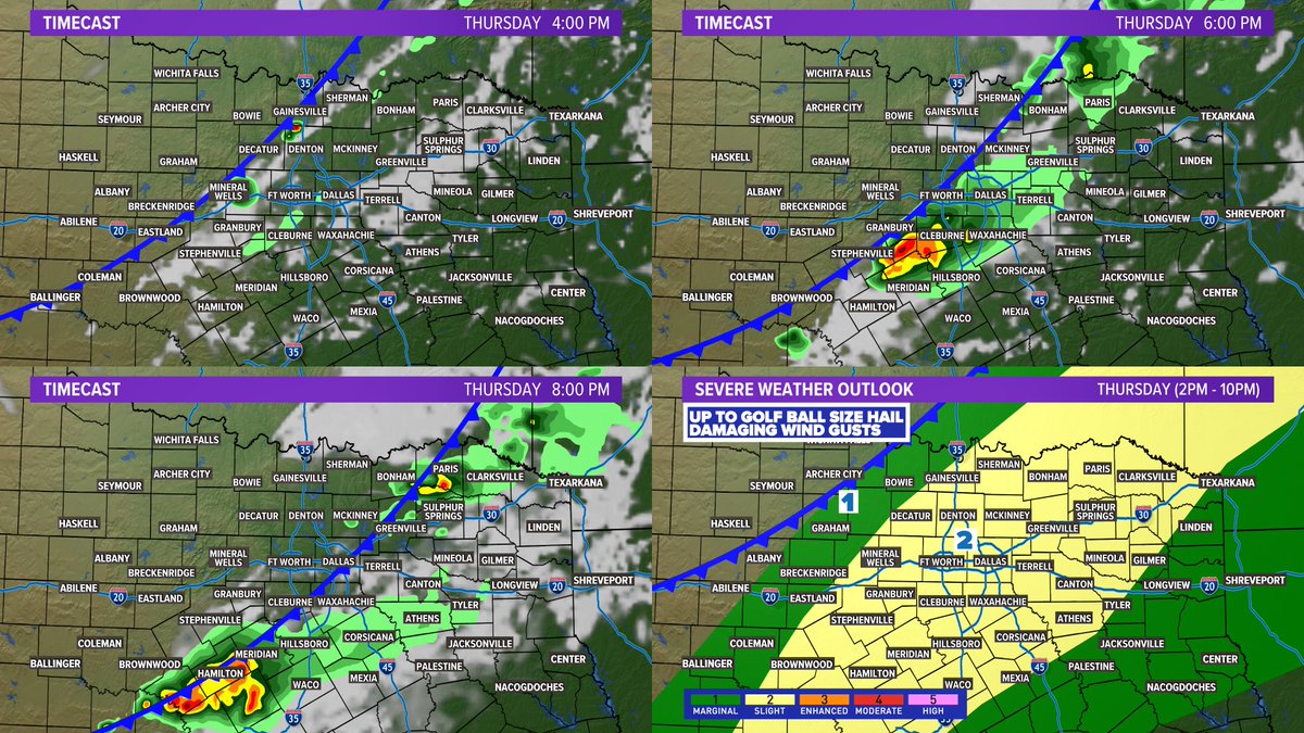 Reminder, we have storm chances and a severe threat on Thursday. Not everyone will see storms or severe weather, but storms will be out there (DFW: 4-7pm). Main threats with any severe storm are large hail and damaging winds. Stay weather aware! #wfaaweather