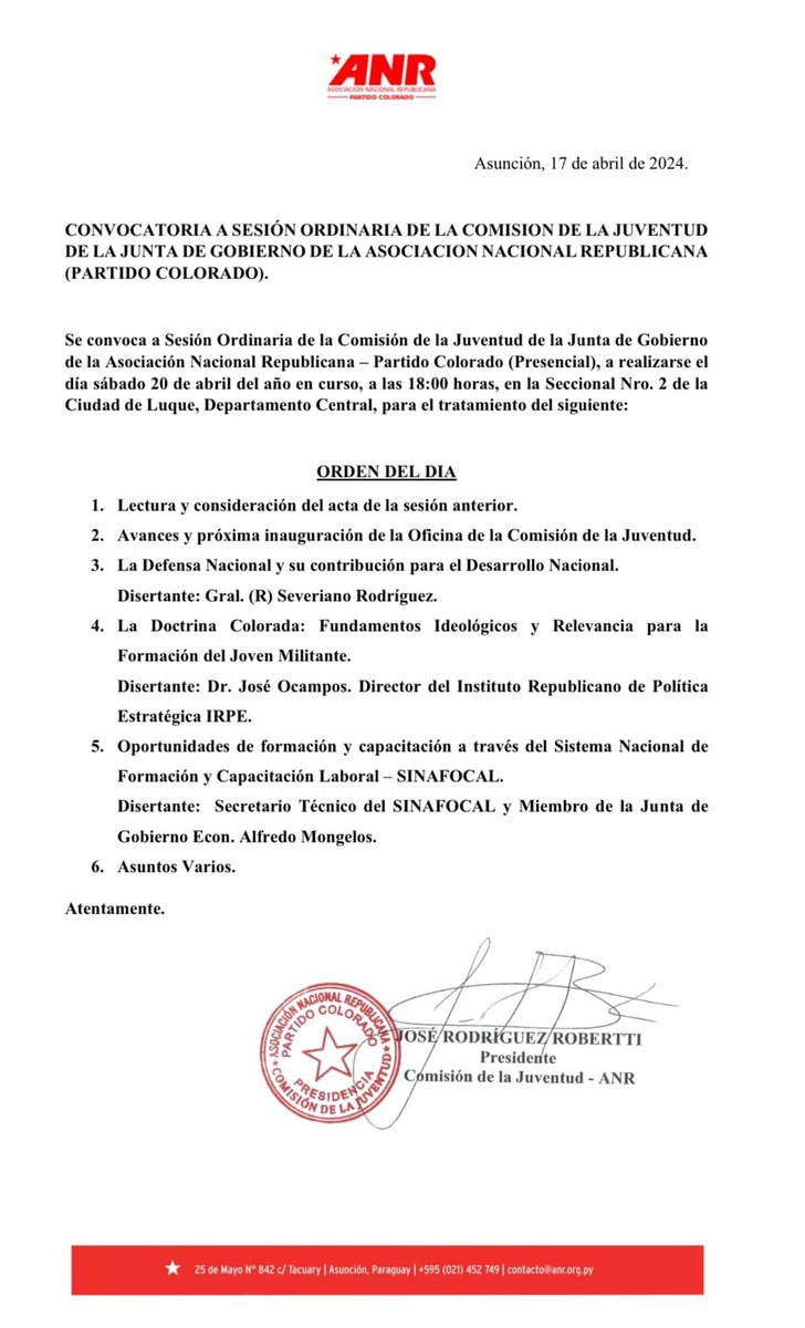 Mis agradecimientos al querido amigo y compañero Miembro de la Junta de Gobierno de la <a href="/ANRParaguay/">ANR - Paraguay</a> <a href="/JoseRoberttipy/">José Rodríguez Robertti</a> y en su persona al Presidente <a href="/Horacio_Cartes/">Horacio Cartes</a> 

Por la oportunidad de poder compartir este sábado un encuentro con jóvenes de mi partido en la Ciudad de Luque