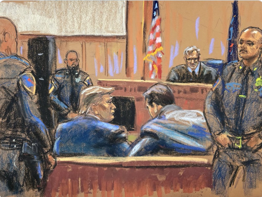 My new Lucid essay on the challenges this trial poses to Trump's authoritarian personality. Note in this court sketch how he is surrounded by the armed officers and the judge. This is not a situation that an authoritarian can tolerate for long. With the insights of @MaryLTrump…