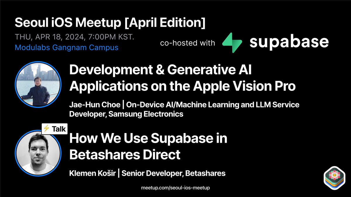 🌟 #SeouliOSMeetup x @supabase 🌟

Today is the day guyyyys!!!

A few spots left for tonight’s event. If you are available please come to see us 👋👋

RSVP Now: meetup.com/seoul-ios-meet…

#Supabase #AppleDevelopers #TechTalks #ios #apple #korea #seoul #meetup #event #visionpro