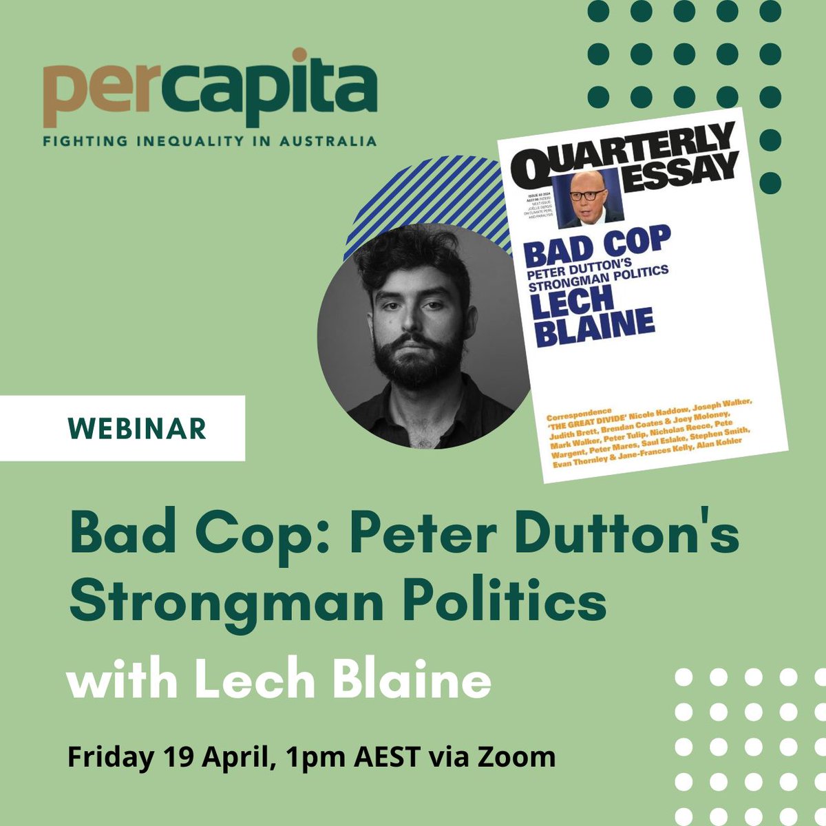 Who is Peter Dutton, and what happened to the Liberal Party? In Bad Cop, @lechblaine traces the making of a hardman. Join Lech Blaine in conversation with Per Capita's Emma Dawson to discuss his Quarterly Essay, tomorrow at 01:00 PM AEST. us02web.zoom.us/webinar/regist… #auspol