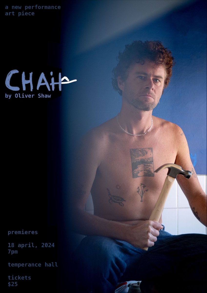 nonfictionLab's tweet image. CHAIR, a new performance art piece by Oliver Shaw, premieres TONIGHT (18 April), 7pm at the upstairs studio at @temperancehall_   BOOK: buff.ly/4aCK5j7
