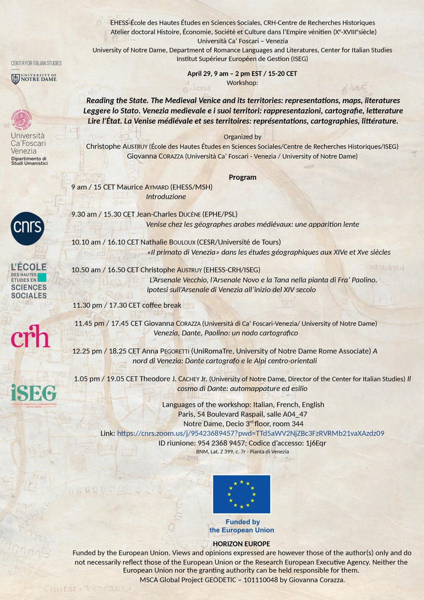 🎉JE 'Lire l’État. Venise médiévale et ses territoires: représentations, cartographies, littératures' 👥par Christophe Austruy @EHESS_fr @CNRSshs @CRH_ehess, Giovanna Corazza @CaFoscari @NotreDame 🗓️Lundi 29 avril 2024 de 9h à 19h30 - Mode hybride ▶️crh.ehess.fr/index.php?9312