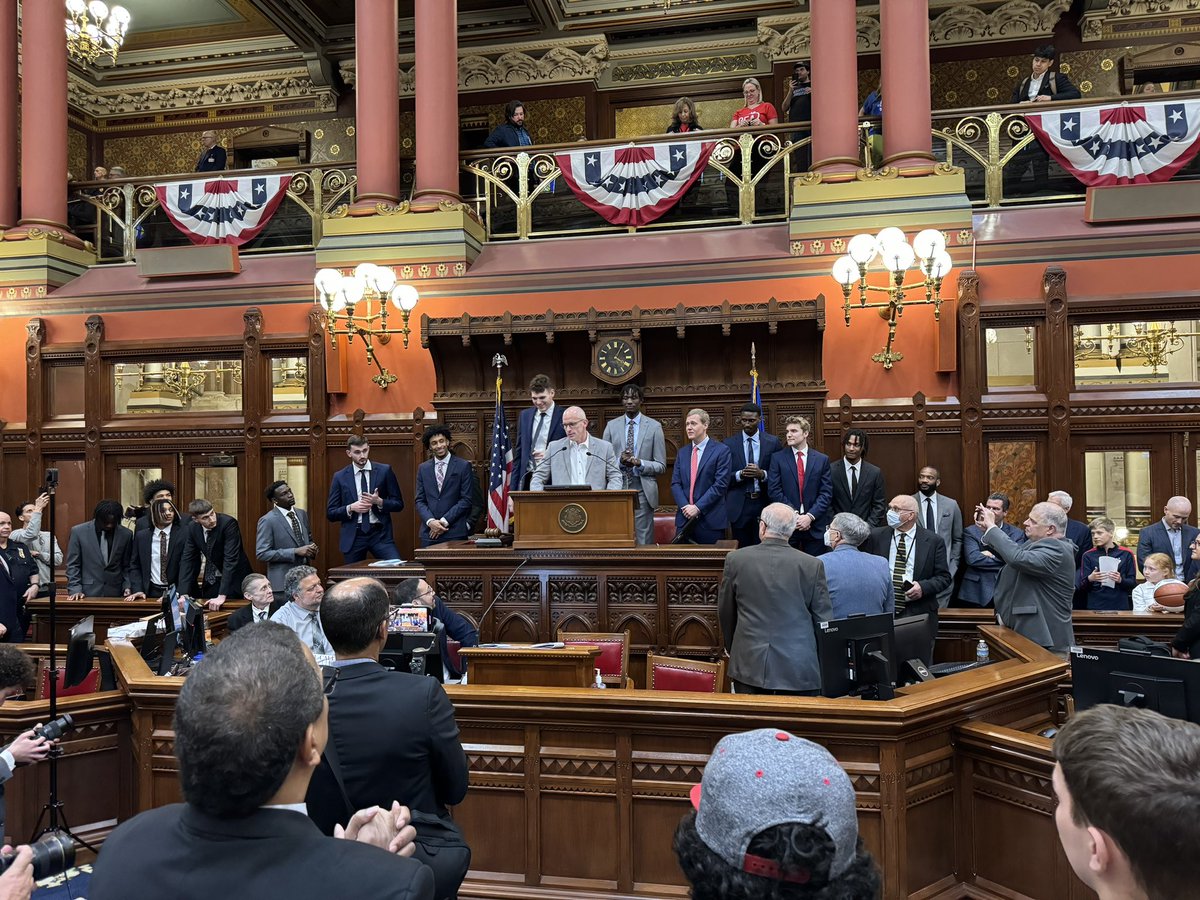 We had just a little fun today in the House welcoming our 2024 national champion UConn Huskies-and quite a thrill for this lifelong Huskies basketball fan to be able to introduce the team on the floor. Did my best <a href="/GameDayConor/">GameDay Conor</a> impression.  #UConnHuskies #UConnNation <a href="/dhurley15/">Dan Hurley</a>