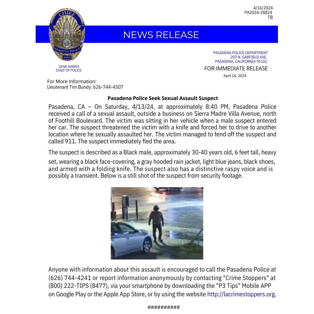 Anyone with information about this assault is encouraged to call the Pasadena Police at (626) 744-4241 or anonymously by contacting 'Crime Stoppers' at (800) 222-TIPS (8477), via your smartphone by downloading the “P3 Tips” or by using the website lacrimestoppers.org.