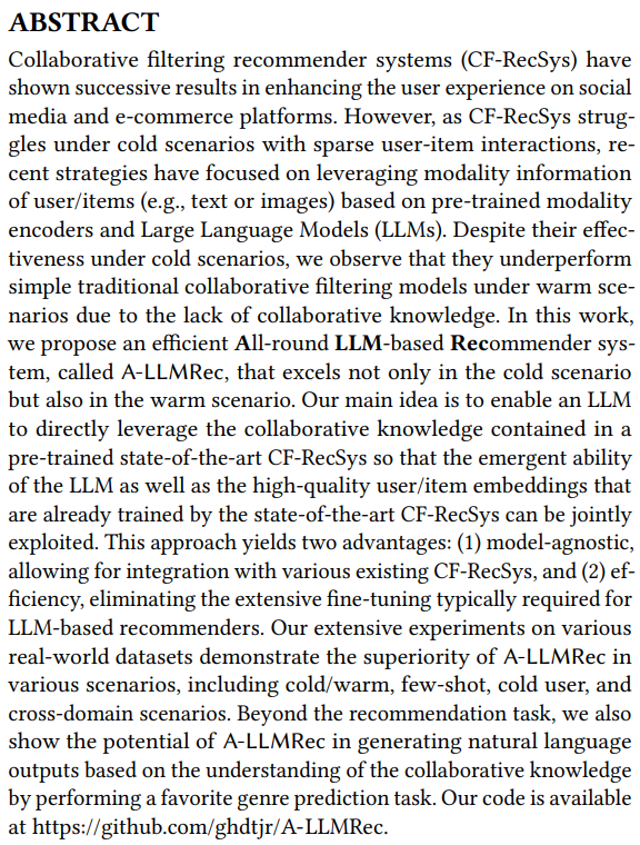 _reachsumit's tweet photo. Large Language Models meet Collaborative Filtering: An Efficient All-round LLM-based Recommender System

Leverages the collaborative knowledge from a pre-trained CF-RecSys and the capabilities of LLMs without fine-tuning.

📝https://t.co/dWvmUFXCtH
👨🏽‍💻https://t.co/aMhDv7M5EL https://t.co/jgJNfA1wbi