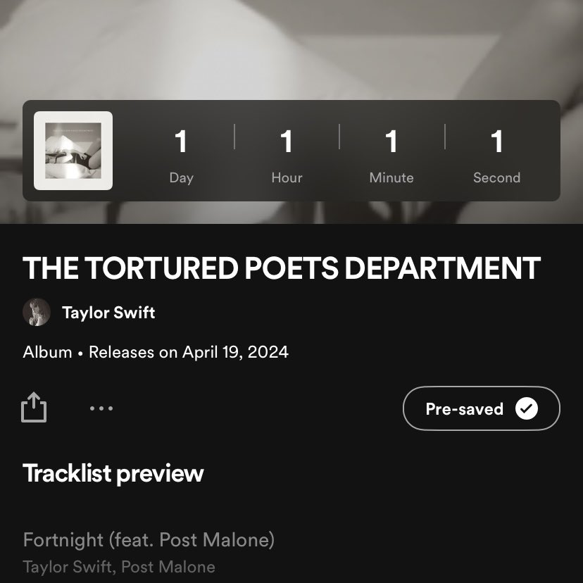 mainpopgirI's tweet photo. 1 day, 1 hour, 1 minute, 1 second left before THE TORTURED POETS DEPARTMENT. https://t.co/rG2gPdyy82