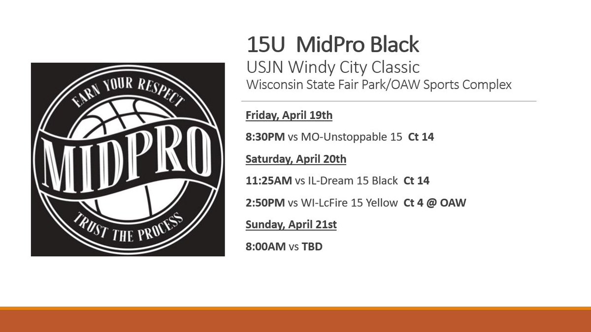 15U MidPro Black Windy City Classic schedule - April 19-21st 

#MidProFam