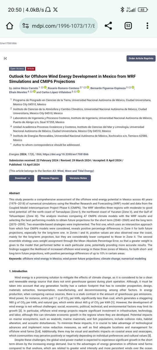 "📢Nuevo artículo📢" 
Outlook for Offshore Wind Energy Development in Mexico from WRF Simulations and CMIP6 Projections
By J.Meza-Carreto,R.Romero-Centeno,B. Figueroa-Espinoza,E. Moreles,C. López-Villalobos 
 doi.org/10.3390/en1708…
<a href="/GrupoIoa/">Grupo IOA - Grupo Interacción Océano Atmósfera</a> <a href="/ICAyCC_UNAM/">Inst de Ciencias de la Atmósfera y Cambio Climátic</a> <a href="/UNAM_MX/">UNAM</a>