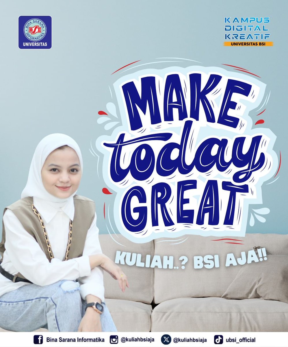 Hai Sobat BSI.. 

Libur telah usai dan hari ini sudah mulai masuk kuliah. Semangat menjalani aktivitas kuliah kembali ya.. 😊
"Make Today Great!". 

Kuliah..? BSI Aja !!