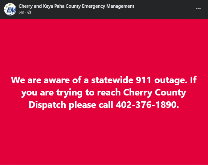 Statewide 911 outage in Nebraska according to county officials for Cherry and Keya Paha Counties. HT @IntelPointAlert for sharing this.