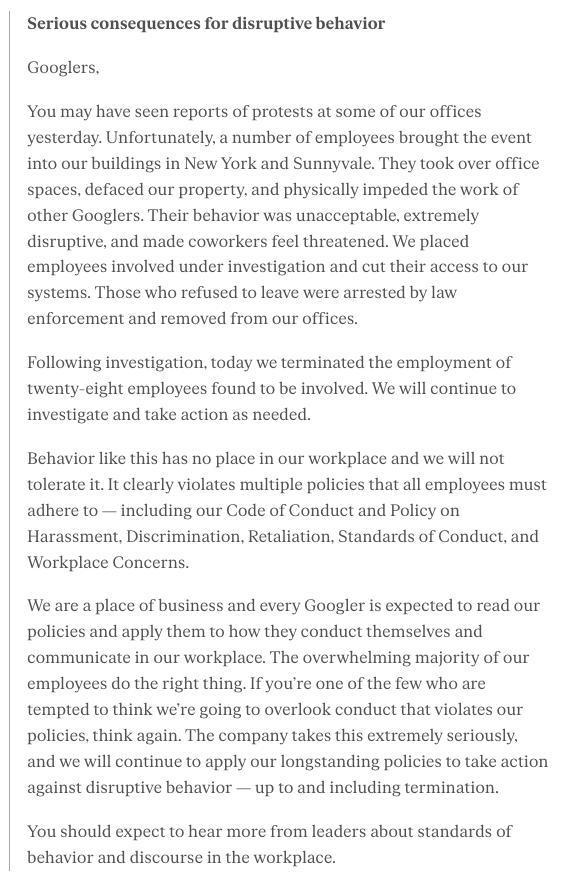 Google just announced internally that 28 employees have been fired in connection with sit-in office protests this week over the company's cloud contract with Israel. Follows 9 employees being arrested yesterday. Full memo to Google employees warns that 'if you’re one of the few