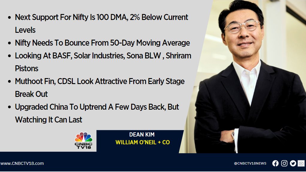 #OnCNBCTV18 | Looking at BASF, Solar Industries, Sona BLW, Shriram Pistons. Muthoot Fin, CDSL look attractive from early stage break out, says Dean Kim of William O'Neil +Co