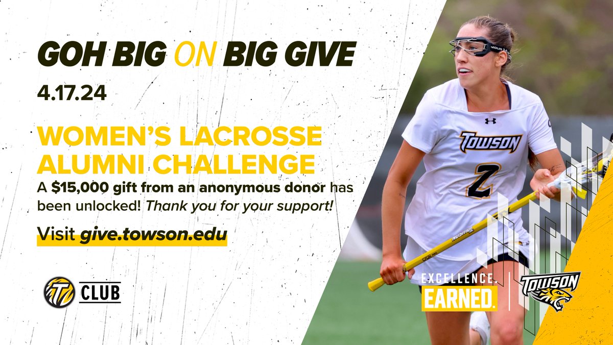 Our @TowsonTigers supporters are finishing the night strong. Two more alumni athlete challenge gifts have been unlocked!! Let's GOH @Towson_SWIMDIVE and @Towson_WLAX alum for showing up BIG today. #TUBigGive #GohTigers