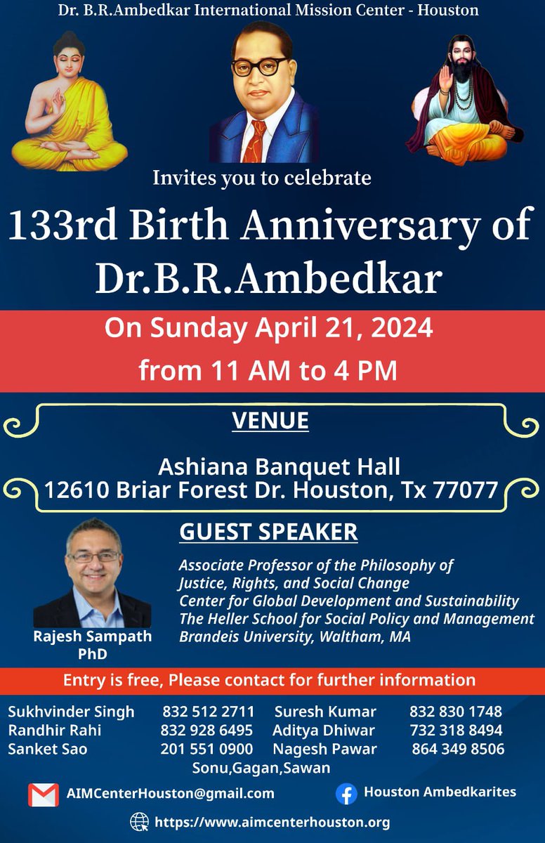 AIM Center Houston, Texas welcomes you to celebrate 133rd Birth Anniversary Dr. Babasaheb Ambedkar on April 21st 2024 in Houston Texas at Ashiana Banquet Hall between 11 AM to 4 PM CT.