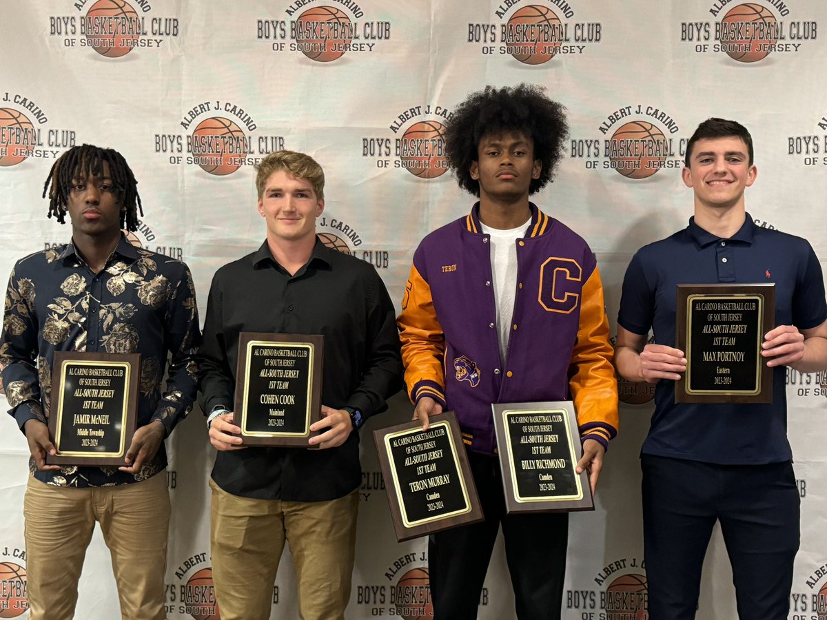 Congratulations to the Al Carino Boys Basketball Club All-South Jersey 1st Team:  Jamir McNeil, Cohen Cook, Teron Murray & Max Portnoy (not pictured: Tye Dorset, Billy Richmond).  #AllSouthJersey #1stTeam