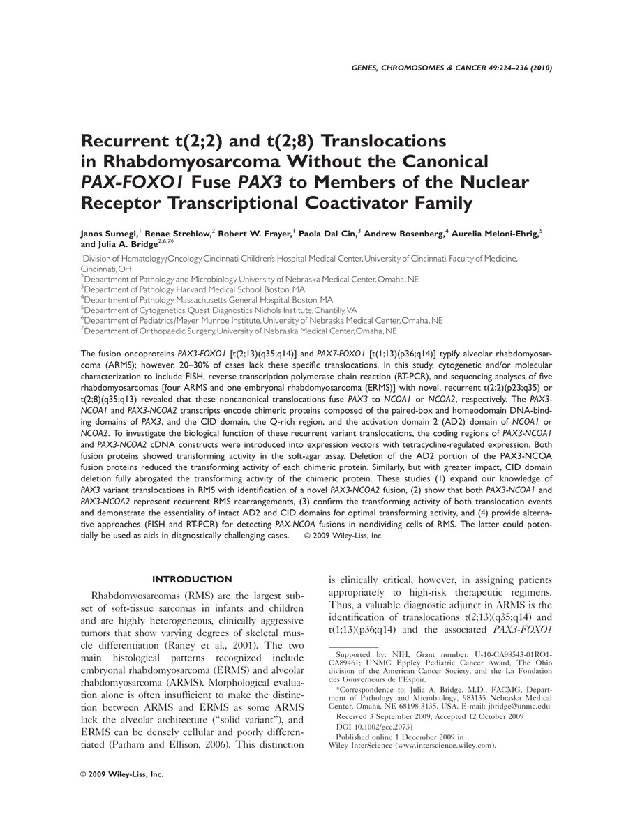Recurrent t(2;2) and t(2;8) translocations in rhabdomyosarcoma without the canonical PAX-FOXO1 fuse PAX3 to members of the nuclear receptor transcriptional coactivator family eurekamag.com/research/055/4…