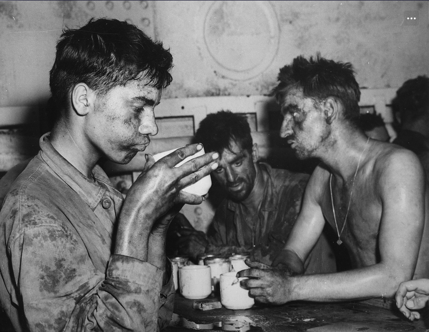 @Charlen60403930 'Weary U.S. Marines drink coffee aboard ship after fighting Japanese on Enewetak Island during the Gilbert and Marshall Islands campaign. February 1944.'
