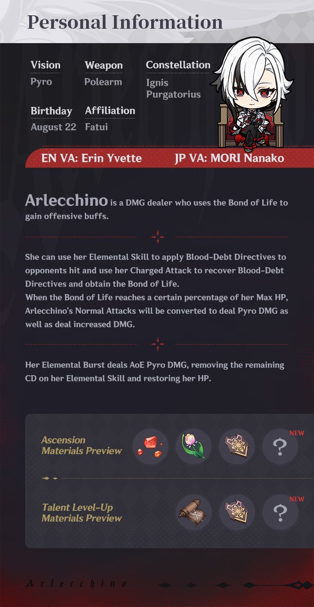 GenshinImpact's tweet photo. "Staring into my eyes is ill-advised. I can't promise you'll like what you see..." — "Dire Balemoon" #Arlecchino #GenshinImpact #GenshinImpact4ꓸ6

Hello, Traveler! Today, we will be introducing a new character, Arlecchino! She is "The Knave", Fourth of the Fatui Harbingers, and a poised, ruthless diplomat. To the children in the House of the Hearth, she is their feared yet dependable "Father."

See Full Details >>> https://t.co/BiIrYf6Aau