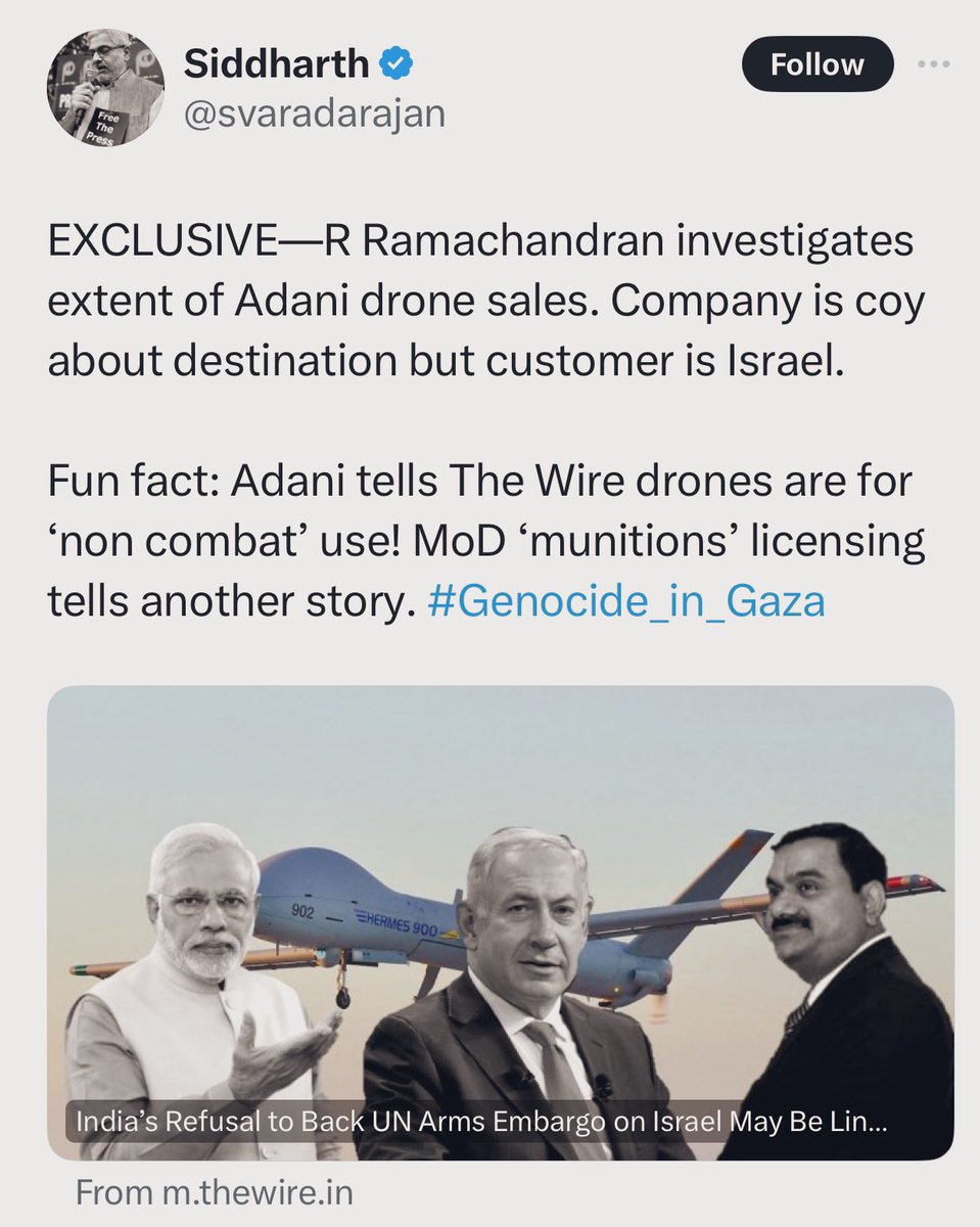 Not sure what’s there to ‘investigate’ here. The Adani Group literally has a JV with Israeli drone firm Elbit that assembles drones in Telangana. Guaranteed orders likely in the JV terms. I understand the need to go after Adani, but this is clown-level stuff. 🤦🏽‍♂️