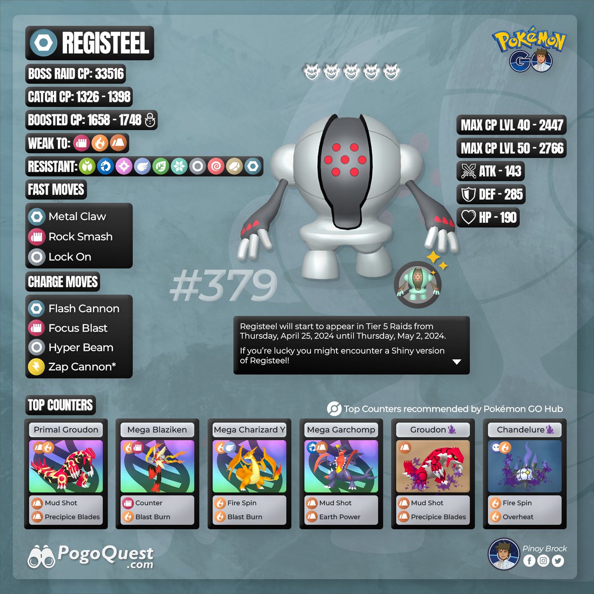 Legendary Pokémon Raid: Registeel

Registeel will appear in 5-star Raids in Pokémon GO. It has a shiny version available.

🗓️ From Thursday, April 25, 2024 at 10 am until Thursday, May 2, 2024 at 10 am (Local Time)

#PokemonGOApp
#PokemonGOPH
#PokemonGOraid