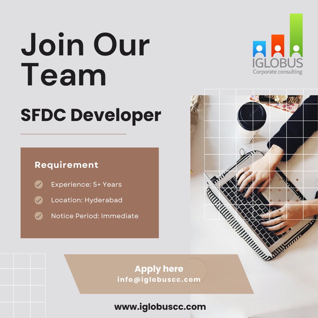 IGLOBUSCC's tweet image. We are looking for SFDC Developer
Experience : 5+ Years
Work Mode: Fulltime
Location: Hyderabad
Contact us: 8464848389
*Immediate Joiner&apos;s
If Interested,
Drop your CV: info@iglobuscc.com
Our website: iglobuscc.com
Regards,
IGLOBUS

#sfdcdeveloper #sfdc #developerjobs