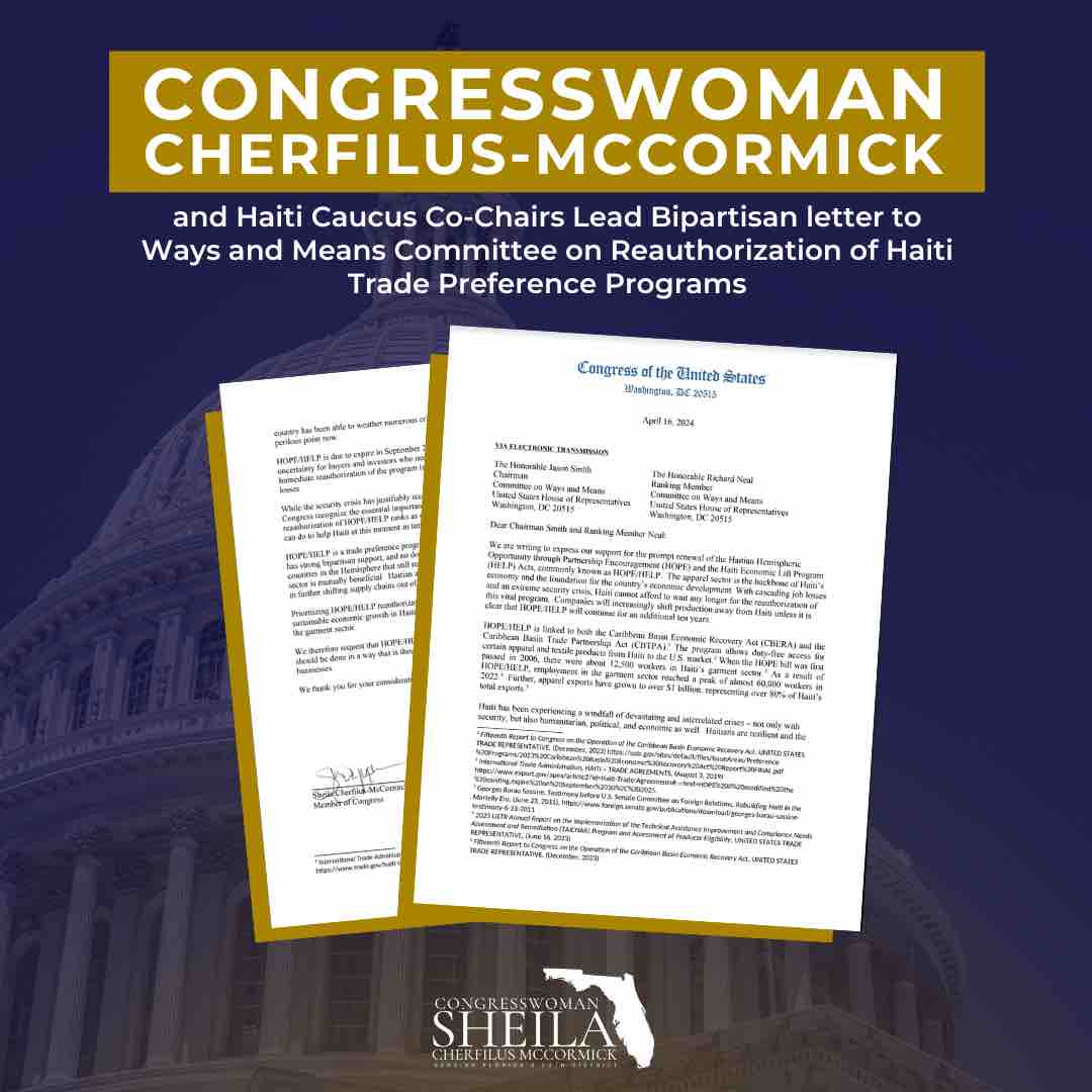 To create long-term stability in Haiti, there must first be a solid foundation for economic opportunity and growth. I led a letter with @repyvetteclarke and @RepPressley to Ways and Means Committee on Reauthorization of Haiti Trade Preference Programs. #Haiti