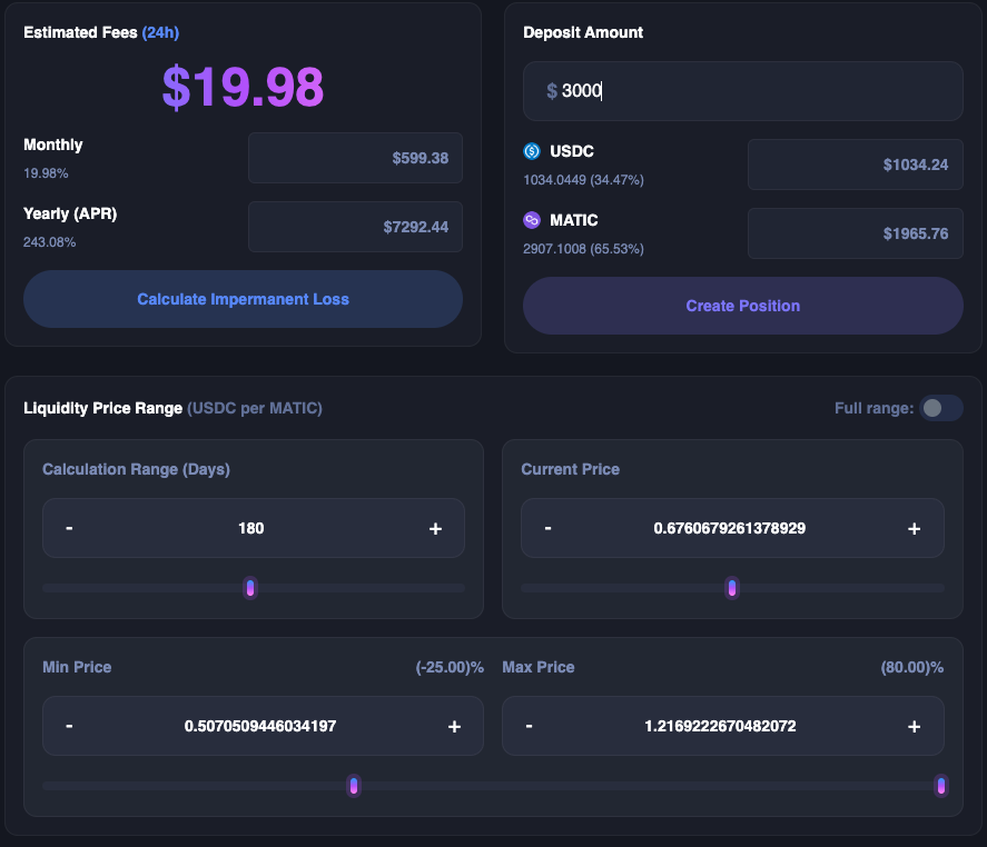 0x2001db8's tweet photo. @MetrixFinance Long-term MATIC/USDC simulation with a wide range. Love the interactive price chart! https://t.co/r34krKFQ7o