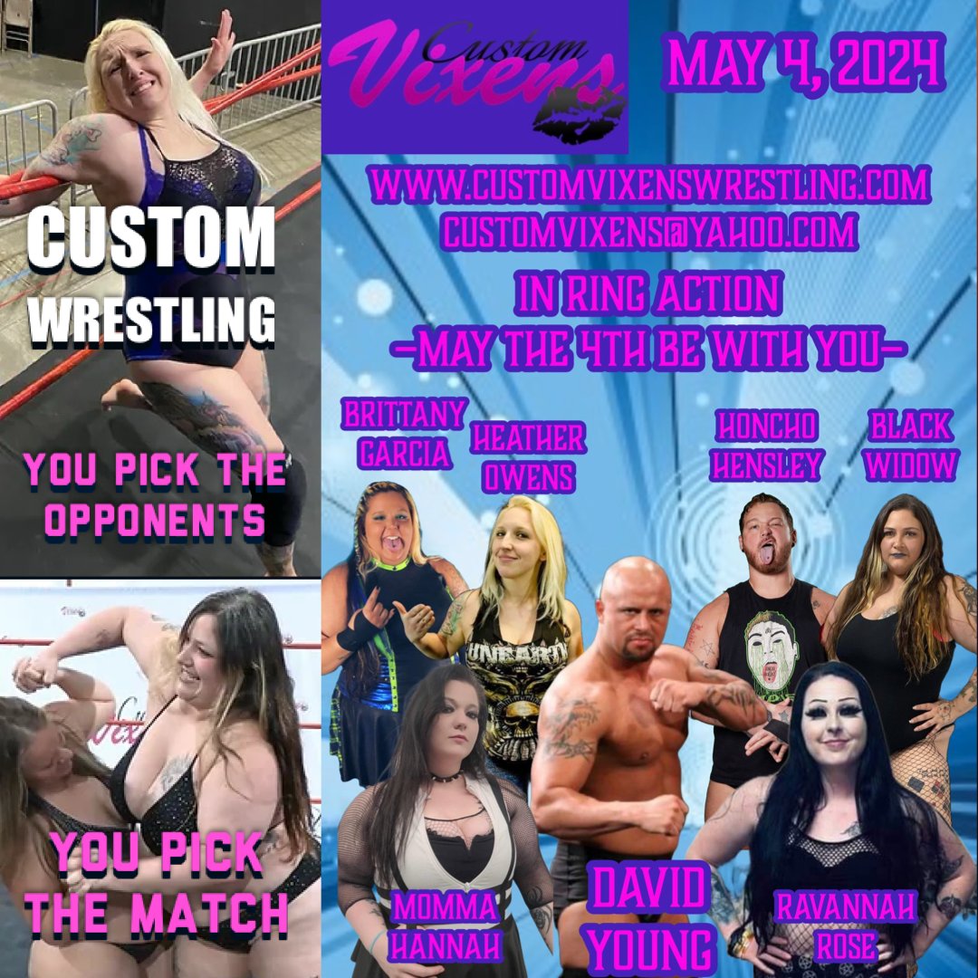 Custom Wrestling Shoot May 4th, 2024.
Cutoff date for orders is April 30th🗓️.
@custom_vixens 
Contact Customvixens@yahoo.com for ordering and inquiring.
#CustomWrestling #MayThe4thBeWithYou