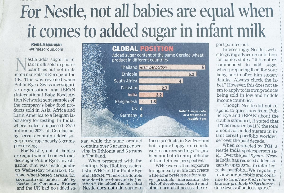 Indian babies can be fed tons of sugar in their infant years under the garb of wholesome nutrition, because for @Nestle , India is just a market from where it can profit. No social, ethical, standard global health practices apply, shame on them for these dual standards of items…