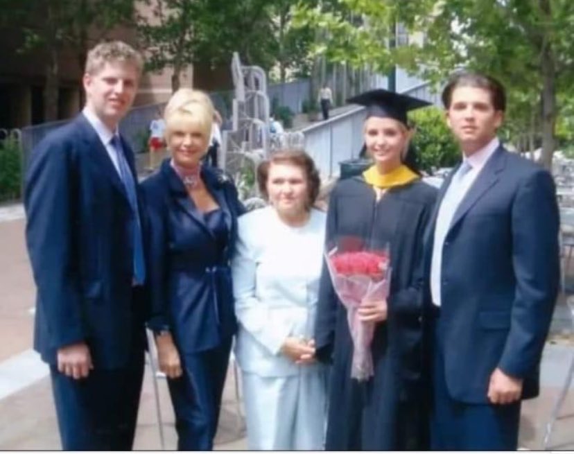 Family celebrating a graduation! Eric, Ivana and her mother, Ivanka, Don Jr. Hmmm, who seems to be missing?!! 🙄