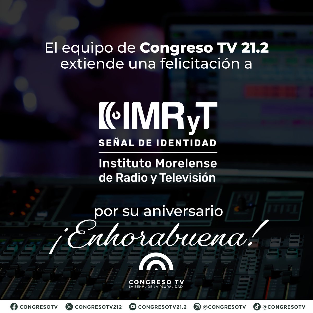 🥳 #congresotv212 envía una merecida felicitación a @IMRyTv_Morelos por su 33° aniversario 🥳 ¡Muchas felicidades y esperemos que cumplan muchos años más al aire! 📻📺👏👏 #aniversario #Tv #TvEnMexico #radio #IMRyT #TVMexicana #CongresoTv