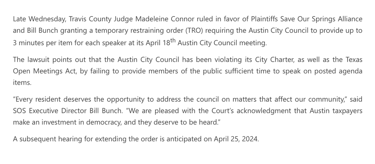 BREAKING: Save Our Springs Wins TRO Against City of Austin Speaking Limits, 'a temporary restraining order requiring the #ATXCouncil to provide up to 3 minutes per item for each speaker at its April 18th Austin City Council meeting.'  Stick that in your pipe and smoke it, Kirk!