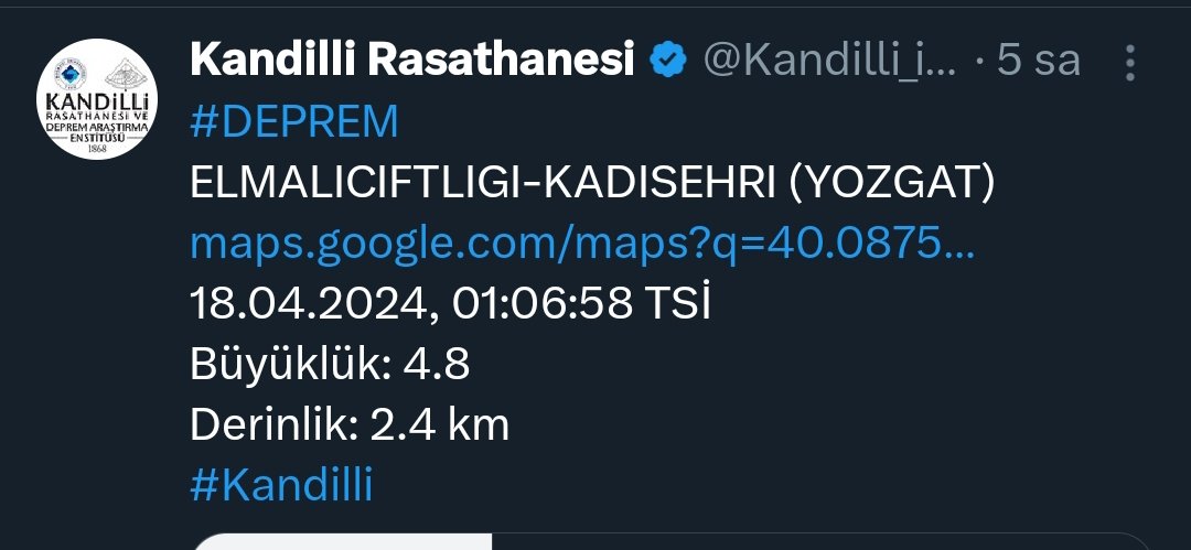 Gece 1 sularında 4.8 büyüklüğünde deprem olmuş. Geçmiş olsun Yozgat