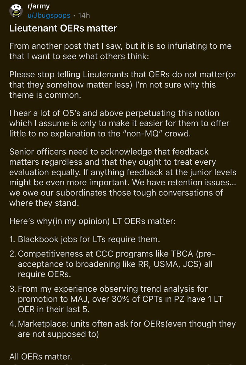 This is a great post from @rArmyReddit that everyone should read. Every evaluation matters regardless of rank. What you do matters. If you are a top performer, you should be annotated as such. Telling people that their first performance evaluations don’t matter isn’t true and it