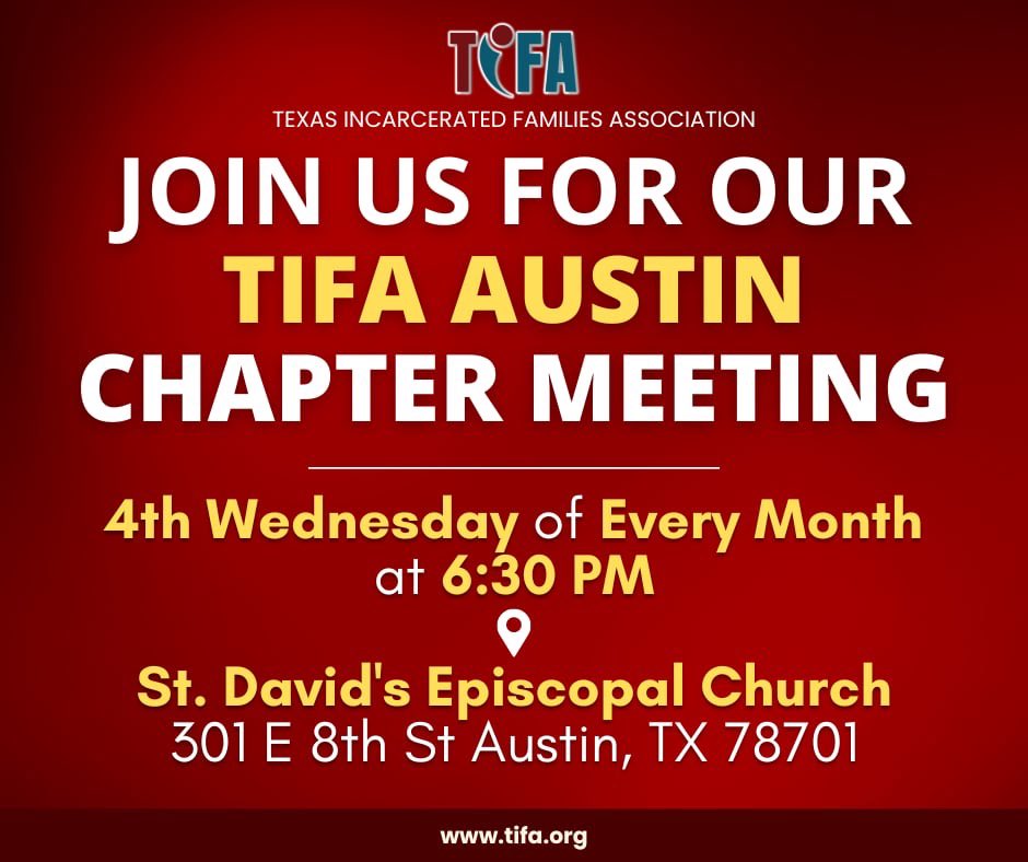 If you are in the Austin area, have sn incarcerated loved one and you are looking for a support system, come out to find community, a safe space

Wednesday - April 24th @ 6:30pm - Come out Looking forward to seeing you.