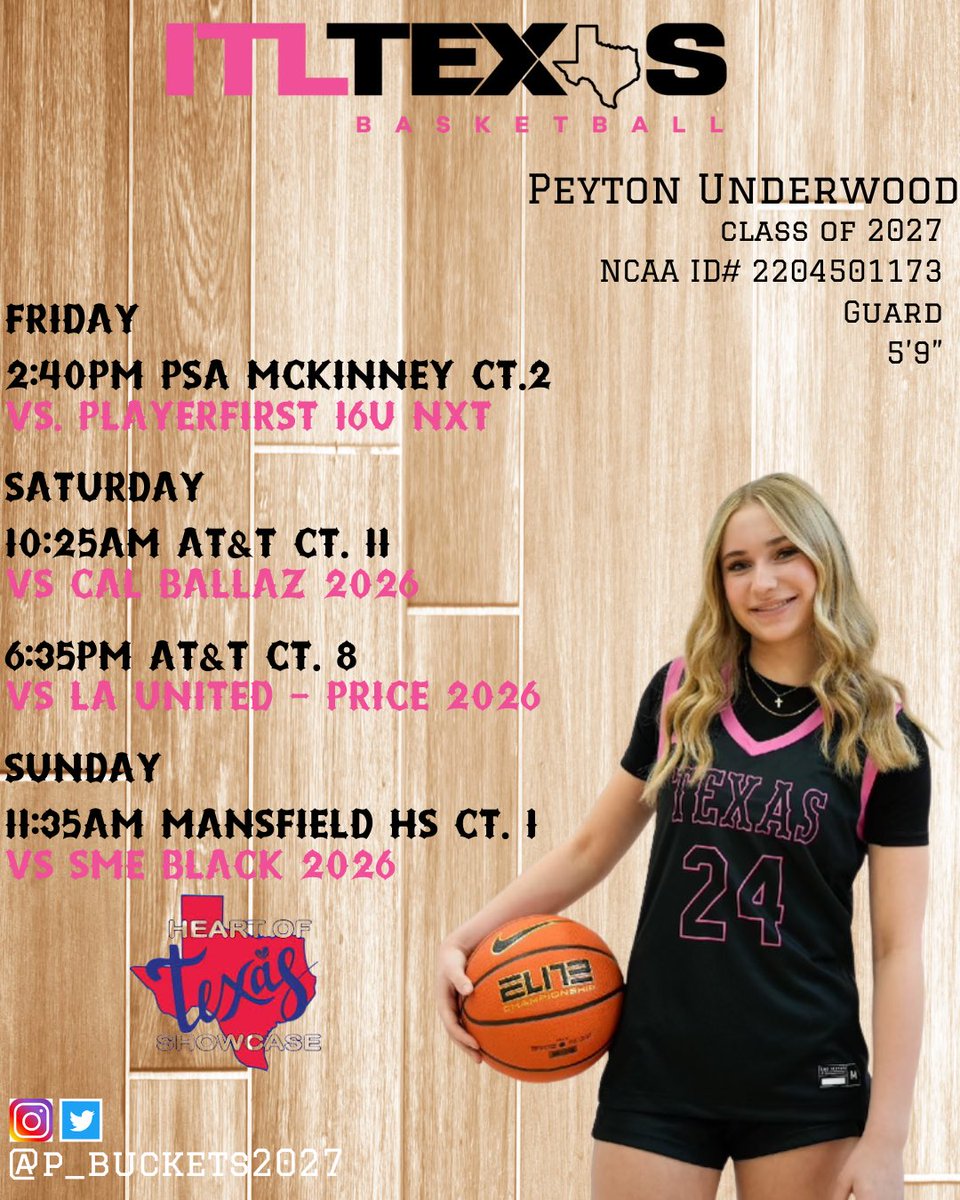 @PBRhoops Heart of Texas schedule for this weekend! Coaches, we’d love for you to come see us in action🩷💚!!! @ITLTexas @Itlskills @DentonGuyerGBB