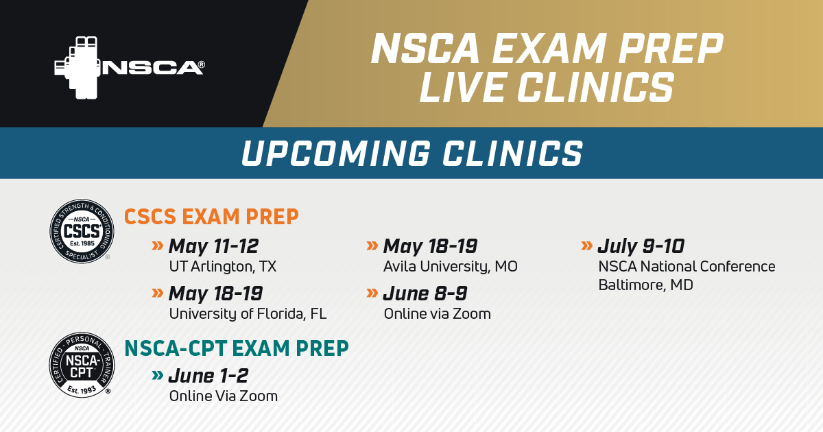 Prepping for your CSCS® or NSCA-CPT®? Attend an in-person Exam Prep Live Clinic near you or join us online in June! Study smarter with expert guidance from certified instructors, empowering you to enter your exam with confidence. SIGN UP EARLY & SAVE at NSCA.com/Events/NSCA-Cl…