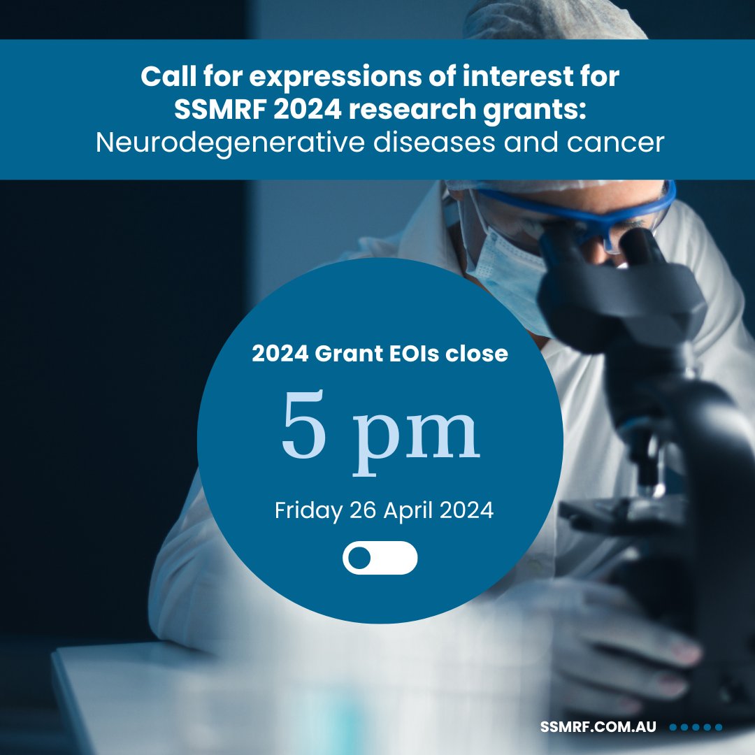 We are calling for expressions of interest for new research grants for research into neurodegenerative diseases and cancer. EOIs must be received by COB Friday 26 April 2024.
stgeorgemrf.com.au/2024-research-…
#MedicalResearch #neurodegenerativediseases #cancer