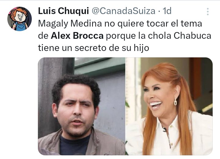 Karlitox Camarena🍀 (@duendexito31) on Twitter photo Cómo que mi tia Magaly Medina no va a tocar el tema de Alex Brocca , en este momento lo está haciendo sin pelos en la lengua oye gusano <a href="/CanadaSuiza/">Luis Chuqui</a> ☝️😌
#MagalyTVLaFirme Cómo que mi tia Magaly Medina no va a tocar el tema de Alex Brocca , en este momento lo está haciendo sin pelos en la lengua oye gusano <a href="/CanadaSuiza/">Luis Chuqui</a> ☝️😌
#MagalyTVLaFirme