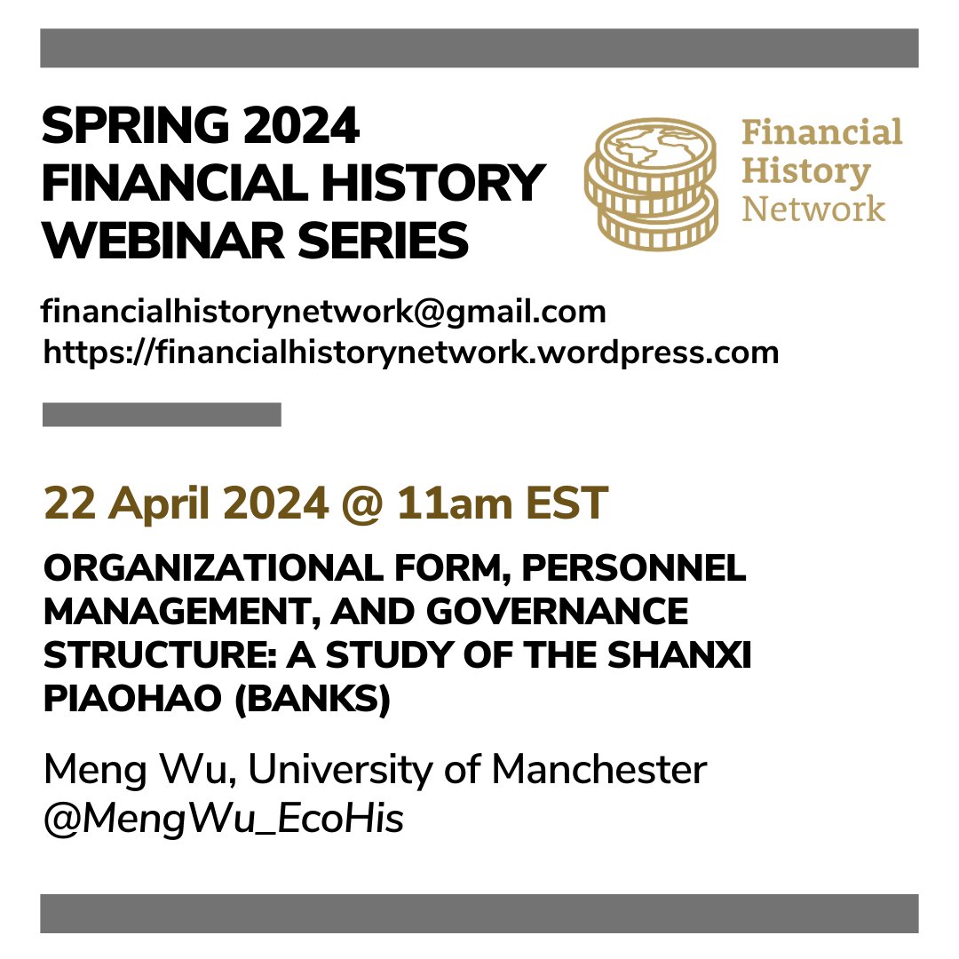 Curious to learn about how Shanxi banks came to dominate the Chinese remittance market in the 19th century? 🏦 Join us on Monday for @MengWu_EcoHis's presentation in @financialhist webinar! Abstract: financialhistorynetwork.wordpress.com/2023/12/07/apr… Register: docs.google.com/forms/d/e/1FAI… #Econhist