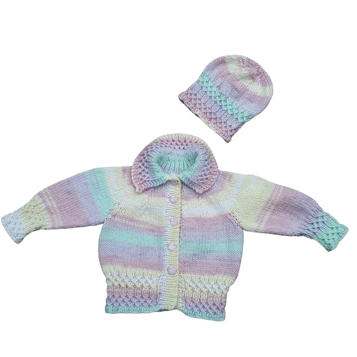 Discover the charm of hand-knitted baby clothes. This multicolour pastel cardigan and hat set (0-6 months) is a heartwarming gift. Visit #Etsy to order now. Your little one deserves the best! knittingtopia.etsy.com/listing/167120… #knittingtopia #MHHSBD #craftbizparty #babyessentials