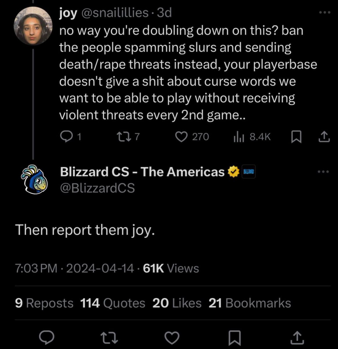 Who jacked the <a href="/BlizzardCS/">Blizzard CS - The Americas</a> account this week? They're abnormally tone deaf &amp; failing to read the room. Did they forget the CS in their name stands for CUSTOMER SUPPORT? It's been deleted but I'm still just in disbelief this account is popping off replies like this left &amp; right.