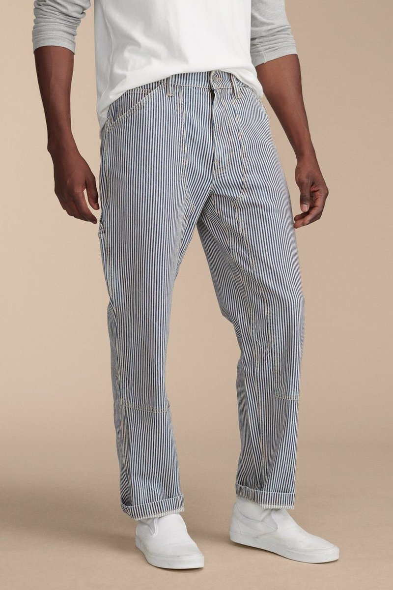 The Lucky Brand Carpenter Hickory Stripe pants are dippedanddripped.#dippedanddripped #luckybrandjeans #luckybrandclothes #hickorystripepants #carpenterjeans #stretchdenim #workwearbrands