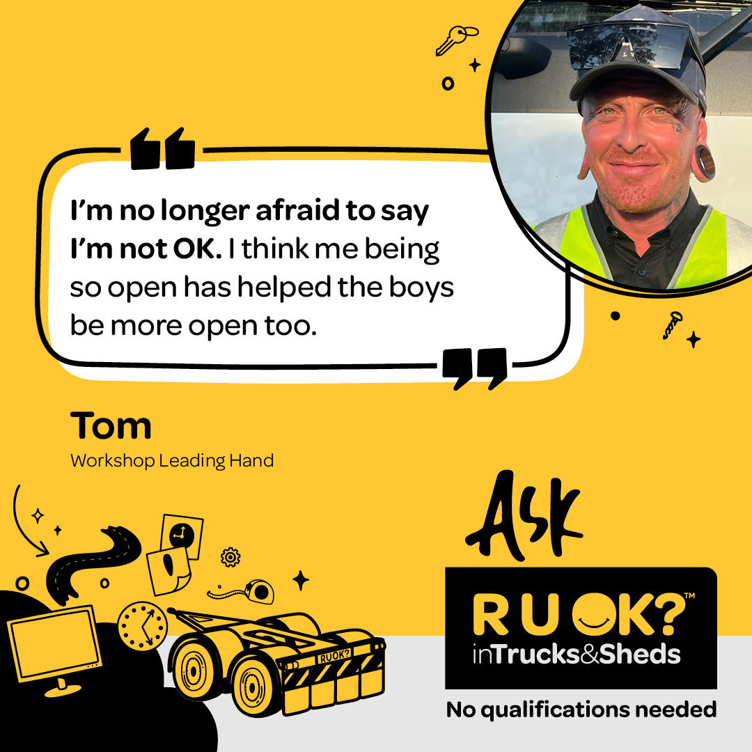 For mechanic Tom, a supportive workplace starts with sharing his own struggles and challenges with his co-workers. Thanks Tom for sharing this tip as part of R U OK? In Trucks & Sheds. bit.ly/3pOHBvu