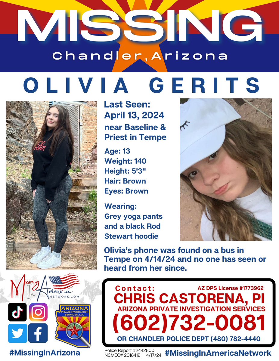 Olivia Gerits (13) 🚨 MISSING CHILD🚨 #BOLO 👀 Chandler but LAST SEEN IN TEMPE, AZ on 4/13/24. She is 13 y/o, 5’3”, long dark hair, approximately 140 lbs. Last seen in TEMPE, AZ around 4:04pm on Baseline and Priest. Last seen wearing grey yoga pants and a black Rod Stewart…