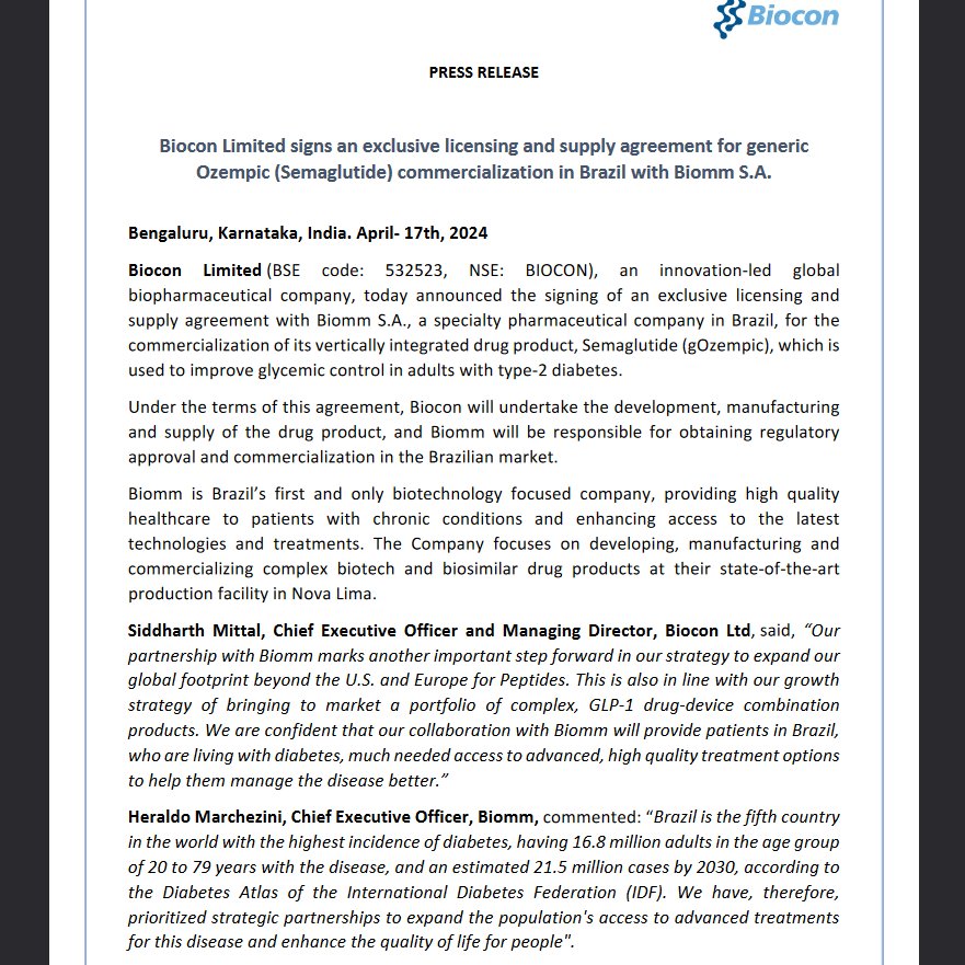#BIOCON Limited signs an exclusive licensing and supply agreement for generic #Ozempic (Semaglutide) commercialization in #Brazil with #Biomm S.A. 

#BSE #NSE #SENESX #NIFTY #INVESTING